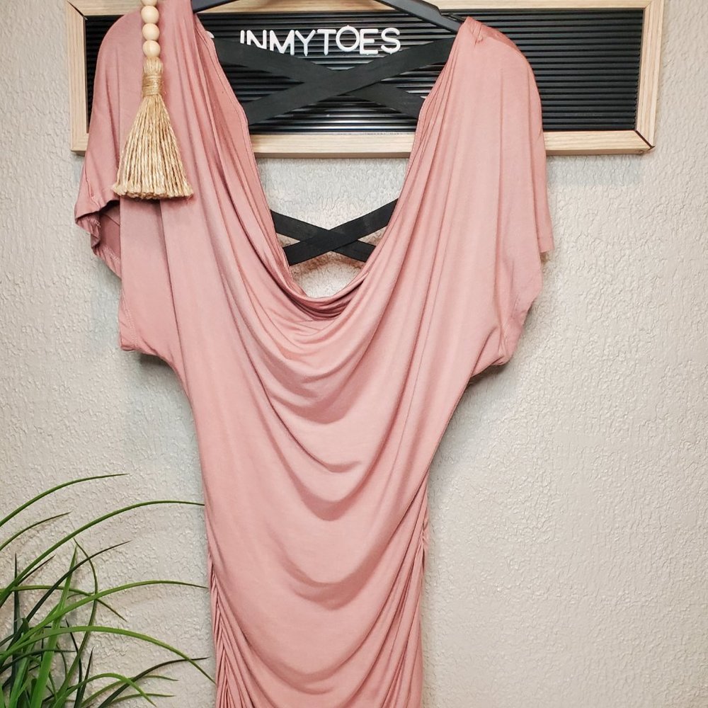 BeBe I Criss Cross Back Tunic Blouse in Blush Pink Size S